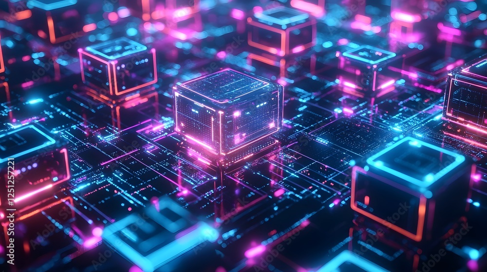 Glowing Neon Geometric Shapes and Cubes in a Vibrant Futuristic Digital Backdrop with Ethereal Lighting and Gradient Effects Glowing Neon Geometric Shapes and Cubes in a Vibrant Futuristic Digital Backdrop with Ethereal Lighting and Gradient Effects