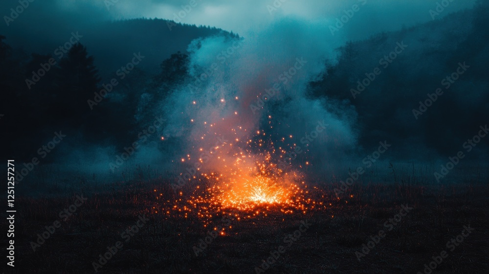 Nighttime Field Fire Sparks and Smoke