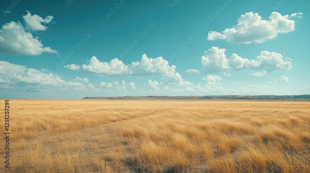 Golden prairie under a vibrant sky, windswept grass, distant hills, peaceful landscape, nature background Golden prairie under a vibrant sky, windswept grass, distant hills, peaceful landscape, nature background