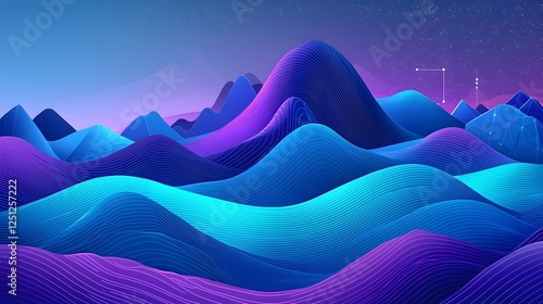 Serene neon landscape of flowing undulating tech inspired shapes and vibrant gradient hues of blue purple and pink against a dreamlike futuristic backdrop photo