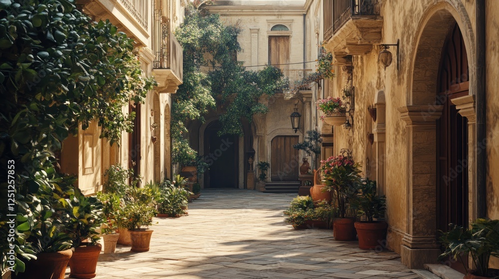 Fototapeta premium Sunlit Mediterranean alleyway, potted plants, historic buildings, travel poster