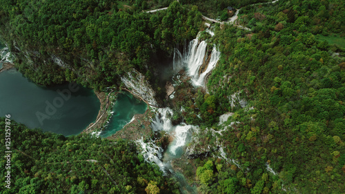 Plitvice lakes National Park Croatia, Europe, aerial view of waterfall and vibrant colored lakes