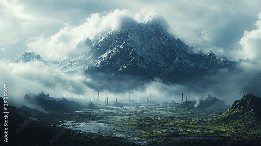 Majestic mountain landscape shrouded in mist with towering peaks and serene valley below Majestic mountain landscape shrouded in mist with towering peaks and serene valley below