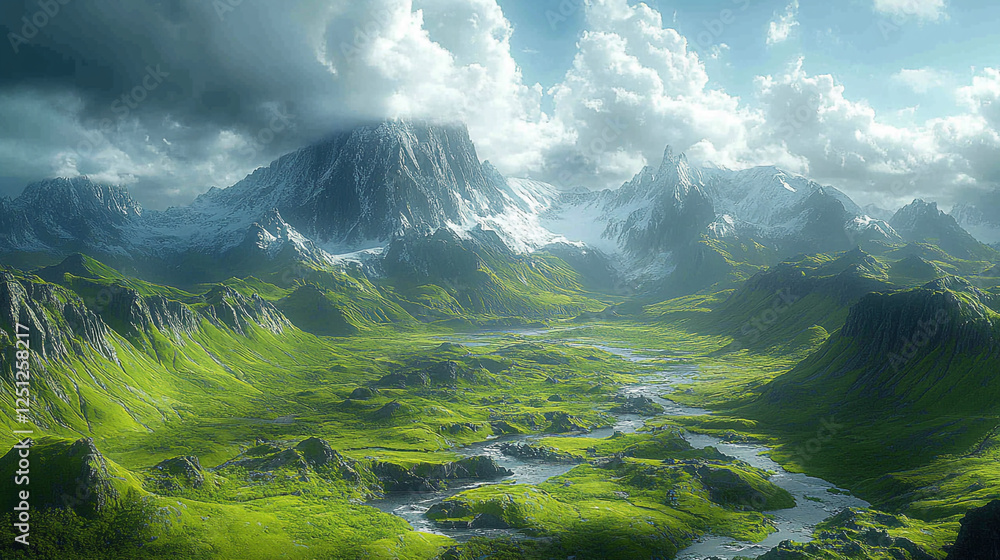 Breathtaking landscape of mountains and valleys under a dramatic sky at dawn Breathtaking landscape of mountains and valleys under a dramatic sky at dawn
