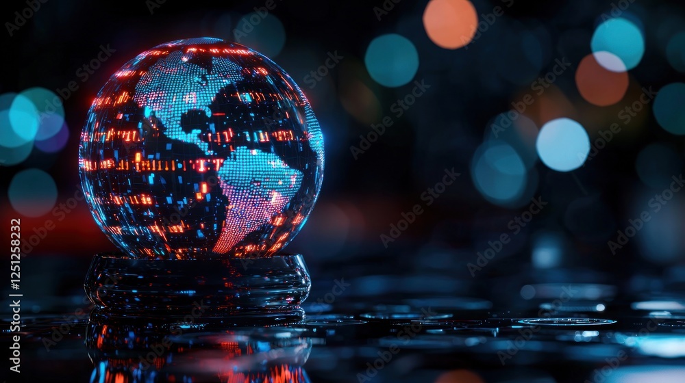Global network data, night city, glowing sphere Global network data, night city, glowing sphere