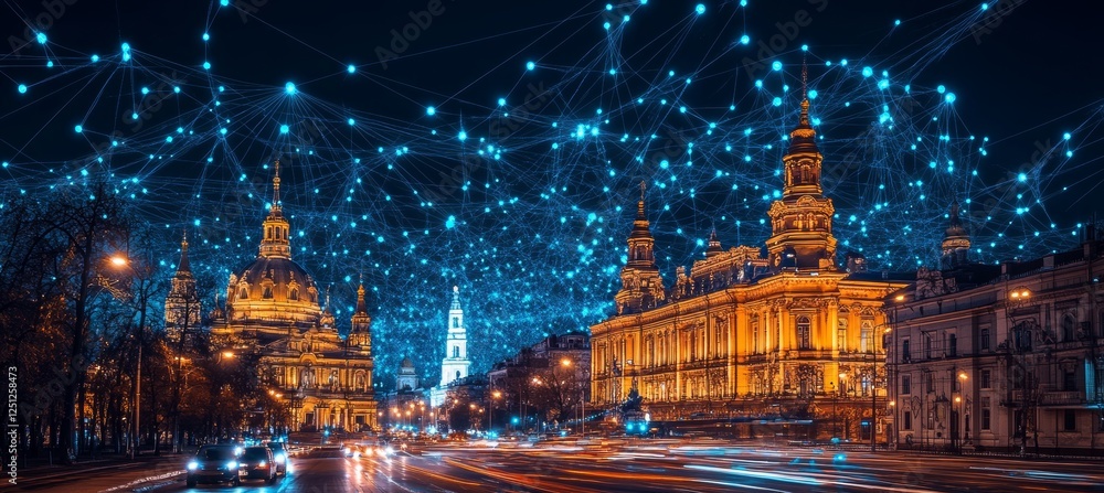 Obraz premium Night Cityscape Of Kyiv. Panoramic View Of Maidan Nezalezhnosti With Network Connection, Ukraine