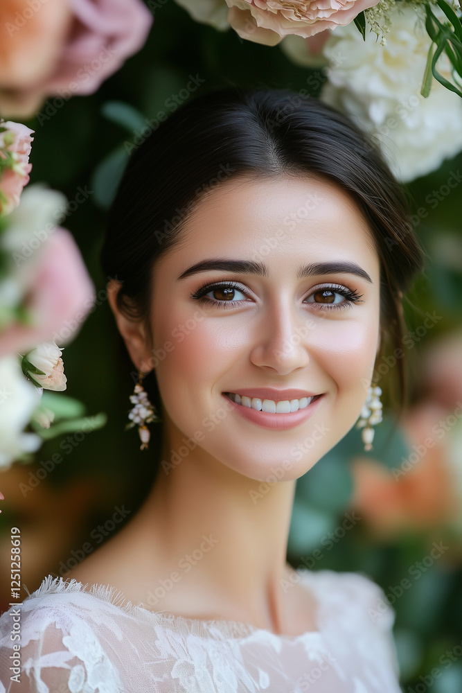 Turkish beauty bride with natural makeup, soft smile, surrounded by wedding flowers, wedding time Turkish beauty bride with natural makeup, soft smile, surrounded by wedding flowers, wedding time