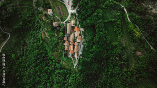 Aerial view of Hum, one of the smallest town in the world on hilltop, Croatia.