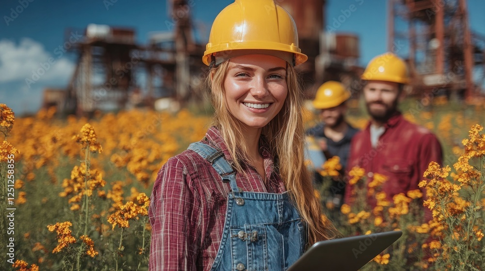 Female engineer smiles, holding tablet, in field of flowers, industrial site background Female engineer smiles, holding tablet, in field of flowers, industrial site background