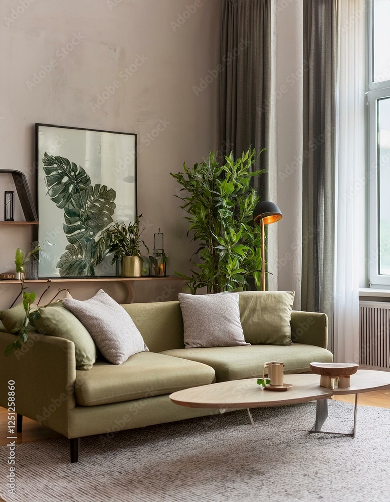 Fototapeta premium salon moderne et chaleureux en ia, lumière et couleurs claires avec des plantes