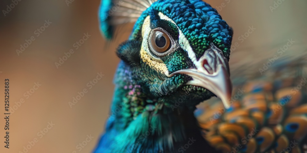 Obraz premium Close up vibrant portrait of a beautiful blue peacock with colorful feathers blur background