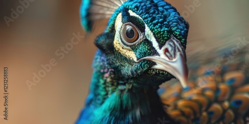 Close up vibrant portrait of a beautiful blue peacock with colorful feathers blur background