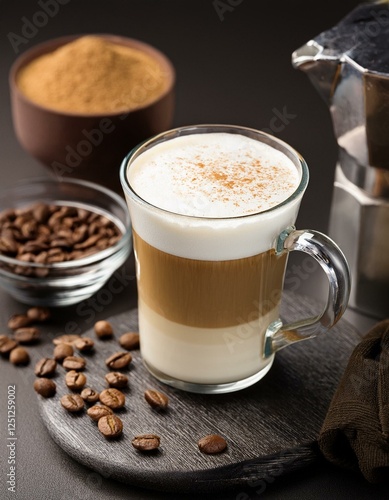 café crème avec de la mousse, cappuccino dans une tasse en verre sur une table aux éléments gourmands en ia