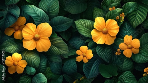 Wallpaper Mural Bright Yellow Flowers and Green Leaves Flat Design Spring Inspired Floral Pattern on White Background Torontodigital.ca