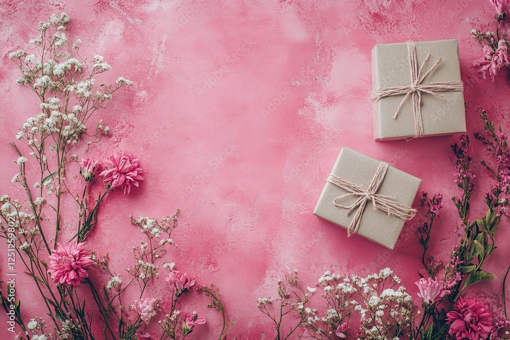 Valentine's Day background with gift boxes and flowers on a pink-colored table, flat lay top view, with copy space for text. Valentine's Day concept. Stock photo with 2/3 space for a banner title. Valentine's Day background with gift boxes and flowers on a pink-colored table, flat lay top view, with copy space for text. Valentine's Day concept. Stock photo with 2/3 space for a banner title.