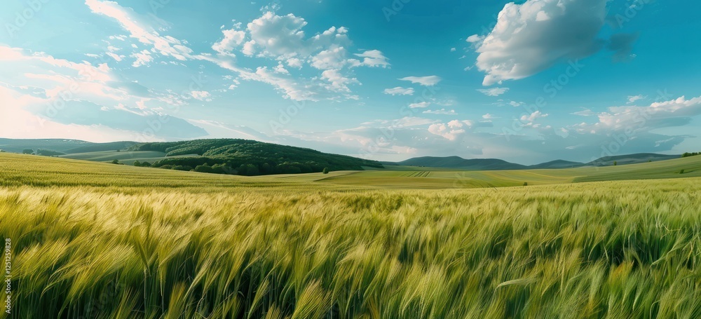Obraz premium spring natural panorama of a field of young green wheat on the hills against a blue sky with clouds green blue