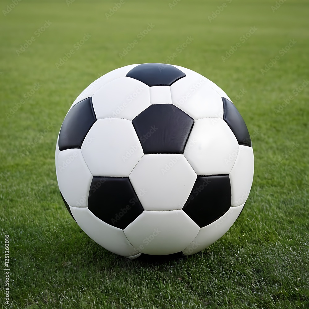 Fototapeta premium A black and white soccer ball on green grass field