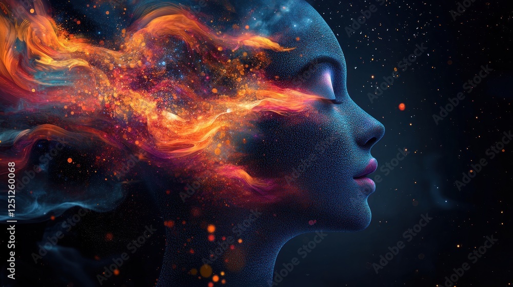 Fiery cosmic head profile, space background, digital art, album cover Fiery cosmic head profile, space background, digital art, album cover