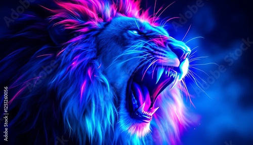 Neon Lion Roar: A vibrant digital artwork of a majestic lion with a glowing mane, roaring intensely against a dark background.