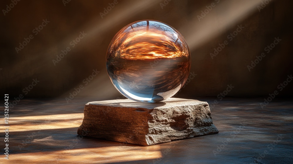 Obraz premium Glass sphere sunset reflection, wooden base, studio
