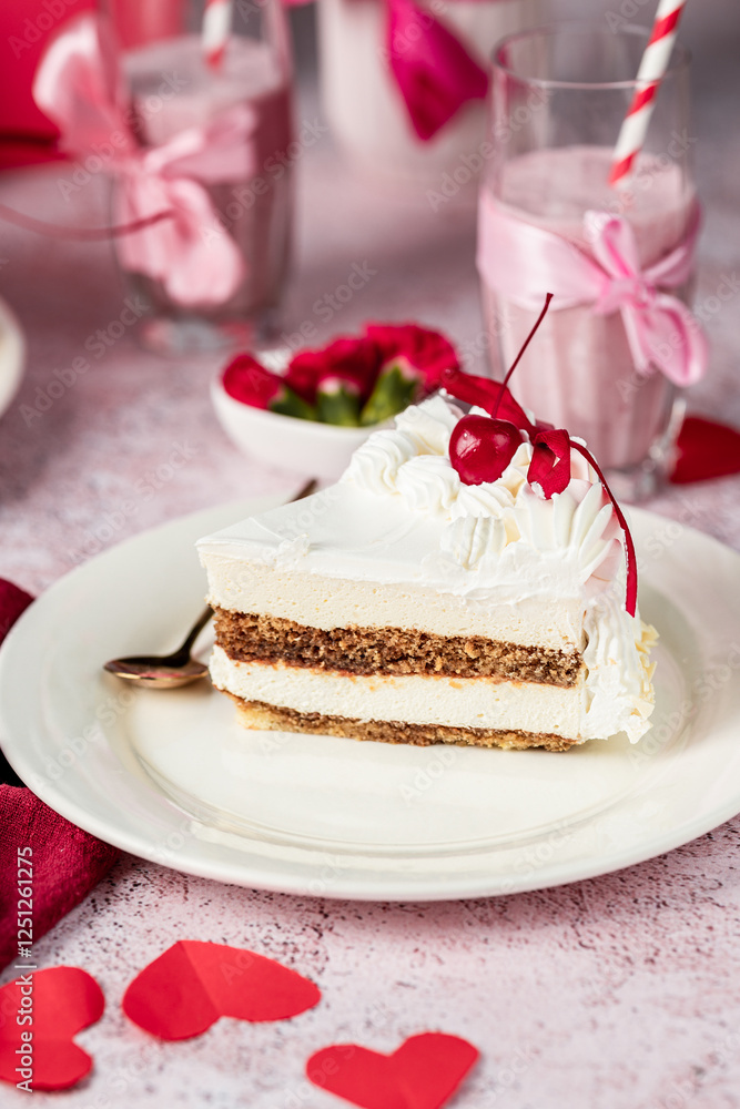 heart-shaped tiramisu cake with white cream in a cut on a white plate, cocktail cherry, red ribbons, Valentine's Day cake, tiramisu with cherry, mousse cake, birthday sweets heart-shaped tiramisu cake with white cream in a cut on a white plate, cocktail cherry, red ribbons, Valentine's Day cake, tiramisu with cherry, mousse cake, birthday sweets