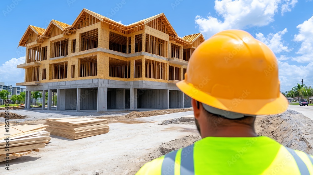 Construction Worker Observing a New Wood Framed Building Under Construction Construction Worker Observing a New Wood Framed Building Under Construction