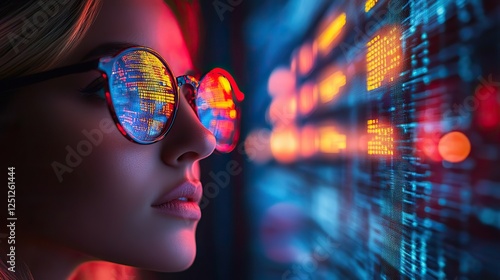 Close up of a woman wearing glasses, analyzing data on a futuristic screen with vibrant neon lights, depicting a high-tech work environment.