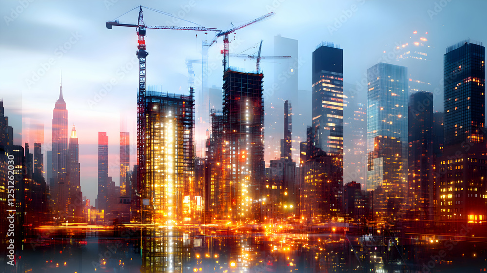 Fototapeta premium Cityscape at Dusk with Construction Cranes