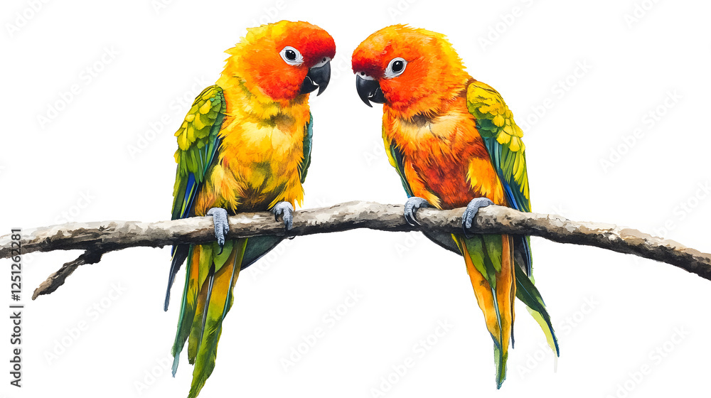 Two ibrantly colored sun conures perched on a branch ,on transparent background Two ibrantly colored sun conures perched on a branch ,on transparent background