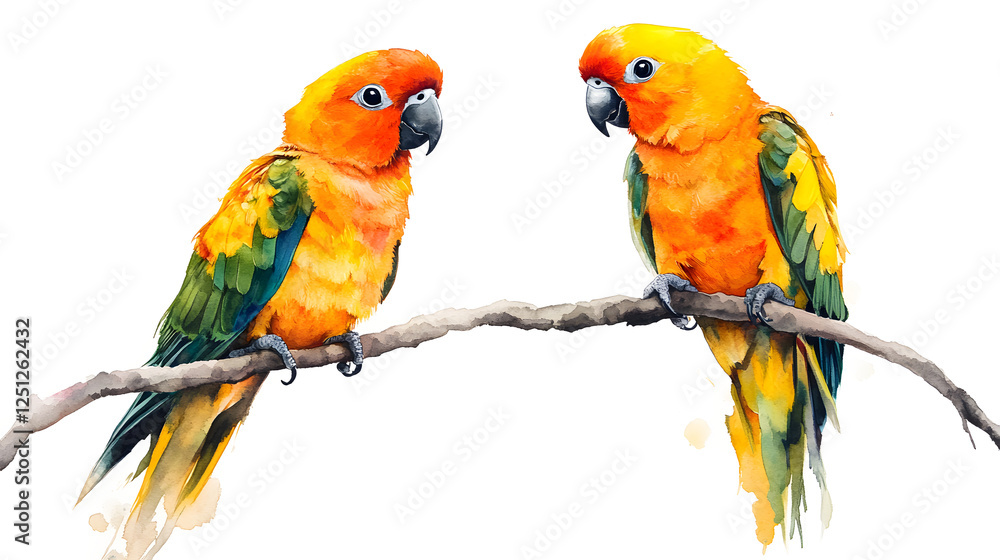 Two ibrantly colored sun conures perched on a branch ,on transparent background Two ibrantly colored sun conures perched on a branch ,on transparent background