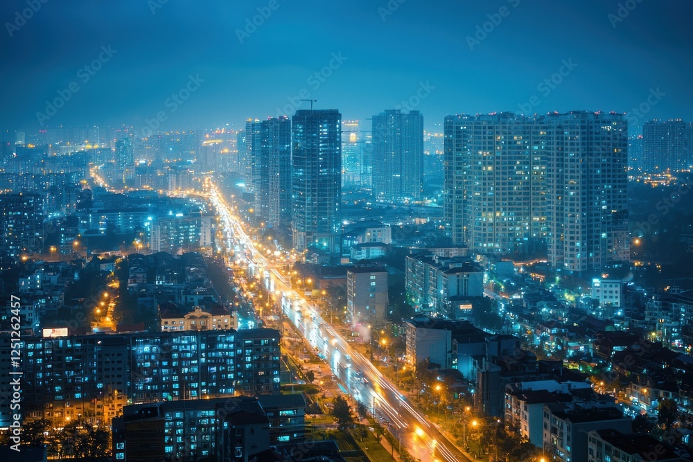 Obraz premium Night city highway traffic, aerial view, cityscape, urban, light trails