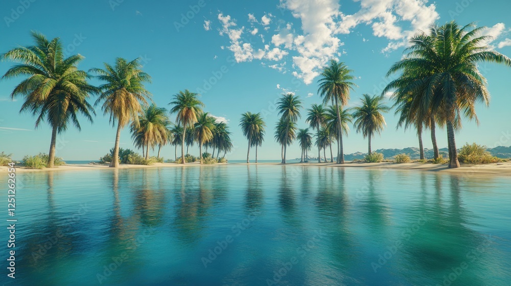 Tropical beach palm trees tranquil lagoon sunny sky vacation Tropical beach palm trees tranquil lagoon sunny sky vacation