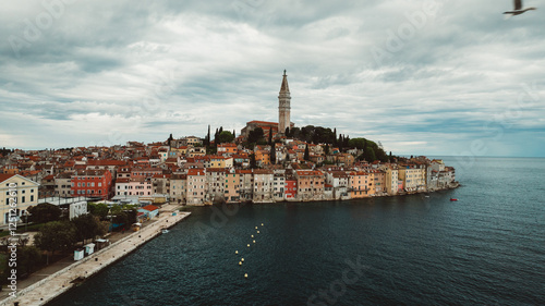 Aerial panorama of Croatian landmark, old town Rovinj and the cathedral of St. Euphemia, Istria, Croatia.