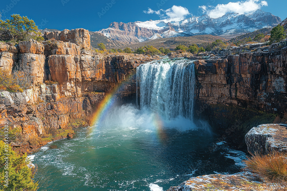 Fototapeta premium Waterfall cascading into gorge with rainbow, snowy mountains, autumn landscape