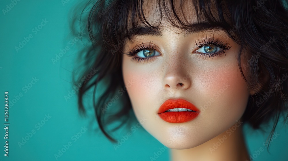 Close up portrait of a stylish young woman featuring a modern haircut and bold red lipstick on a soft teal background, .