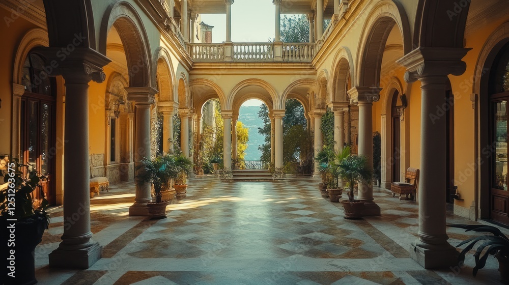 Fototapeta premium Sunlit Italian villa courtyard, marble floor, arched colonnade, hillside view, luxury travel