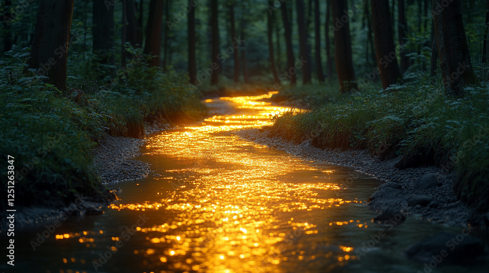 Fototapeta premium Warm sunlight reflects on a winding stream in a serene forest at dusk
