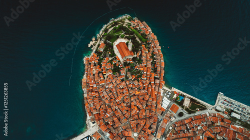 Aerial panorama of Croatian landmark, old town Rovinj and the cathedral of St. Euphemia, Istria, Croatia.
