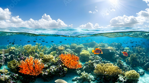 Vibrant coral reef teeming with colorful fish under a sunny sky.  A split-level underwater shot showcases the beauty of ocean life. 