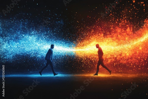 Opposing forces clashing, fiery and icy energy streams, dark background, conflict concept photo