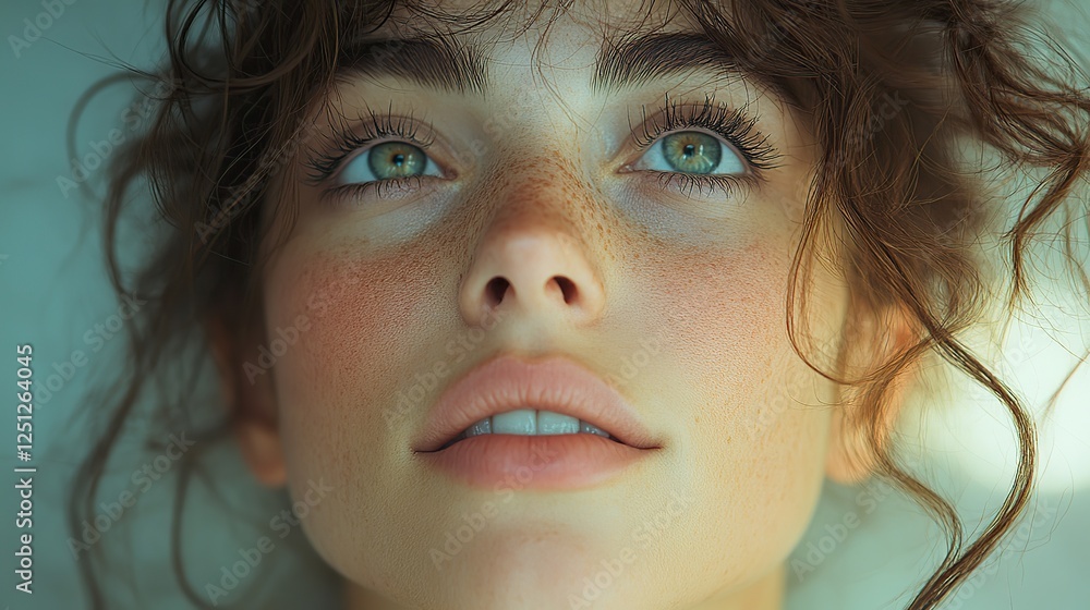 Close up portrait of a young woman with expressive eyes and curly hair looking thoughtfully upward the image captures a serene and contemplative mood. Close up portrait of a young woman with expressive eyes and curly hair looking thoughtfully upward the image captures a serene and contemplative mood.