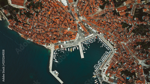 Aerial panorama of Croatian landmark, old town Rovinj and the cathedral of St. Euphemia, Istria, Croatia.