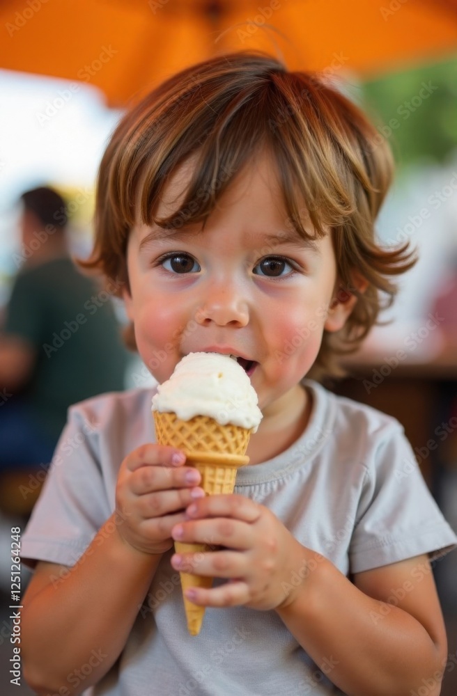 Happy white child eating ice cream in waffle cone