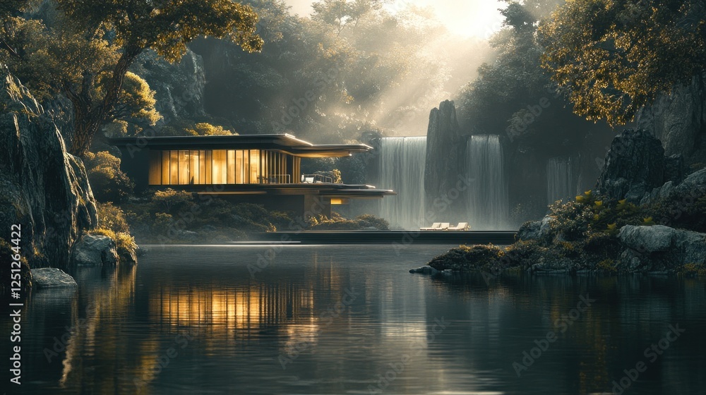 Fototapeta premium Modern house, waterfall backdrop, serene lake, jungle setting, architectural visualization