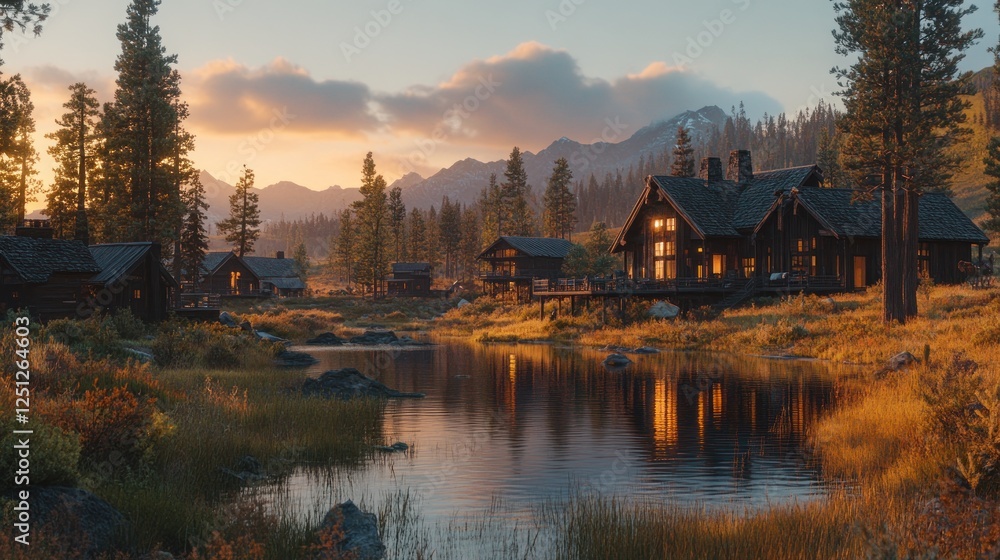 Fototapeta premium Mountain cabins sunset river reflection autumnal landscape