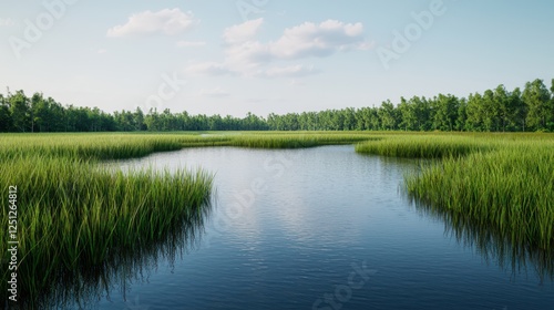 A serene landscape featuring a calm river bordered by lush green grass and trees under a clear blue sky.