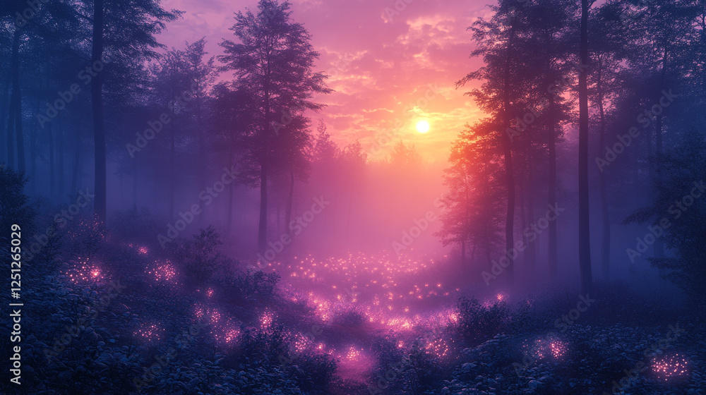 Magical twilight forest filled with glowing flowers and soft misty atmosphere Magical twilight forest filled with glowing flowers and soft misty atmosphere