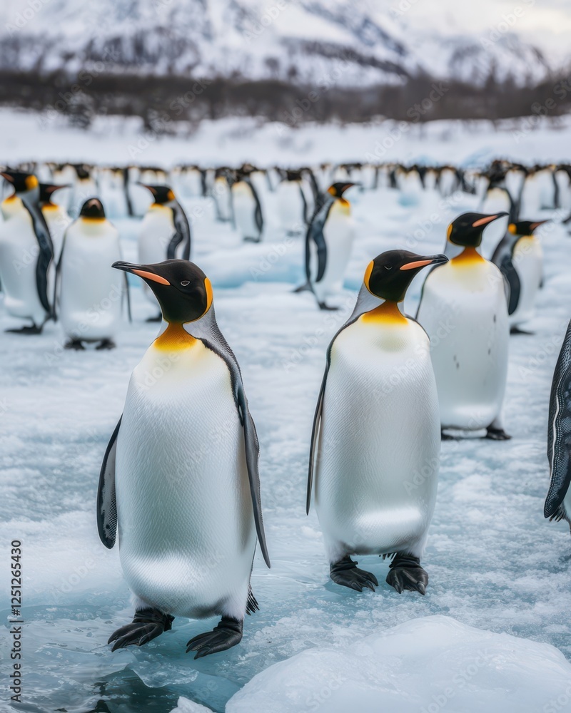 Obraz premium A group of emperor penguins standing on icy terrain, surrounded by a snowy landscape, showcasing their distinctive black and white plumage.