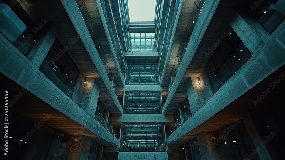 Fototapeta premium Modern concrete atrium, city building, interior view, upward shot, architecture design