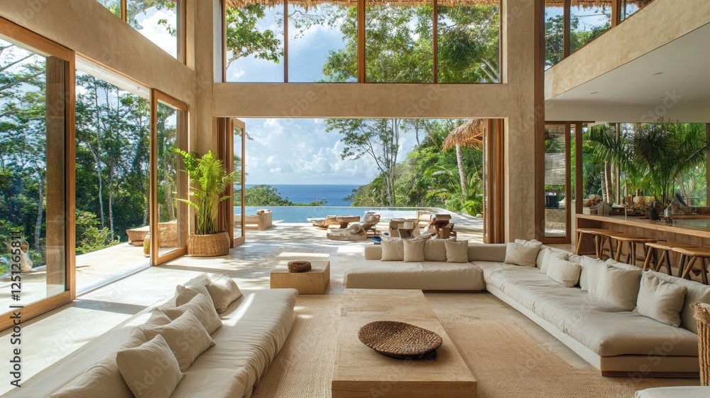 A modern luxury villa nestled in the jungle, featuring an open living room with large windows that offer breathtaking views of the ocean and tropical forest A modern luxury villa nestled in the jungle, featuring an open living room with large windows that offer breathtaking views of the ocean and tropical forest
